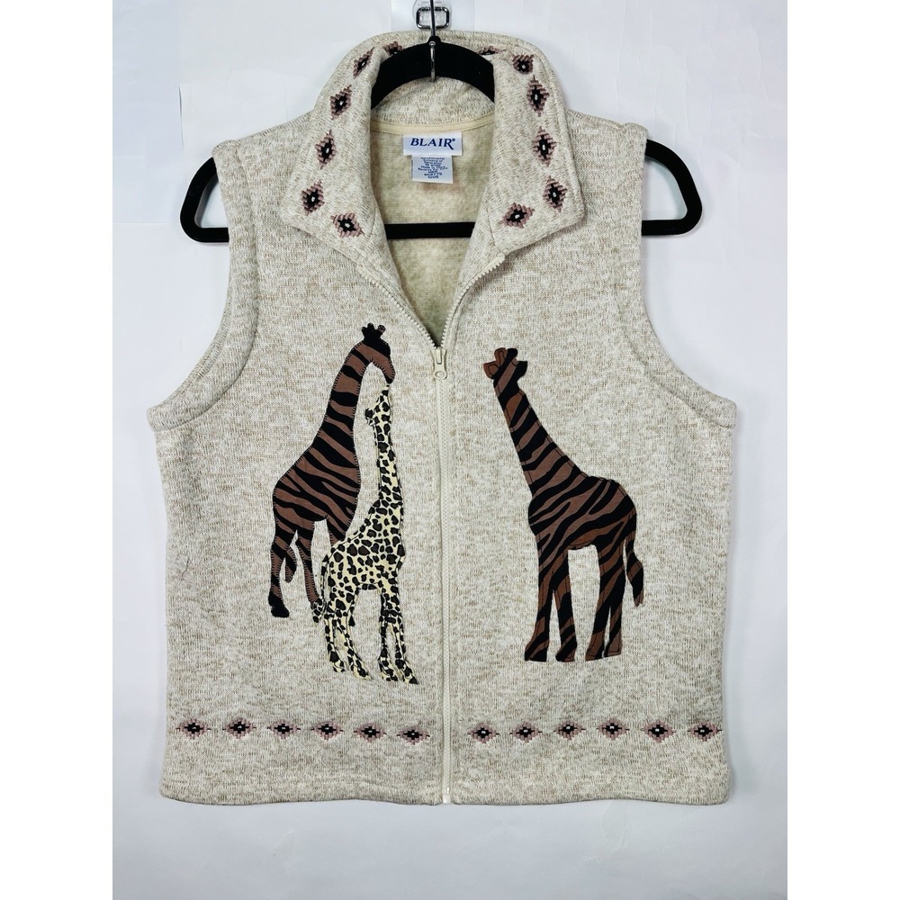 Blair Women's Vest Griaffe‎ Appliques Embroidery Size M Cream Knit Zipper